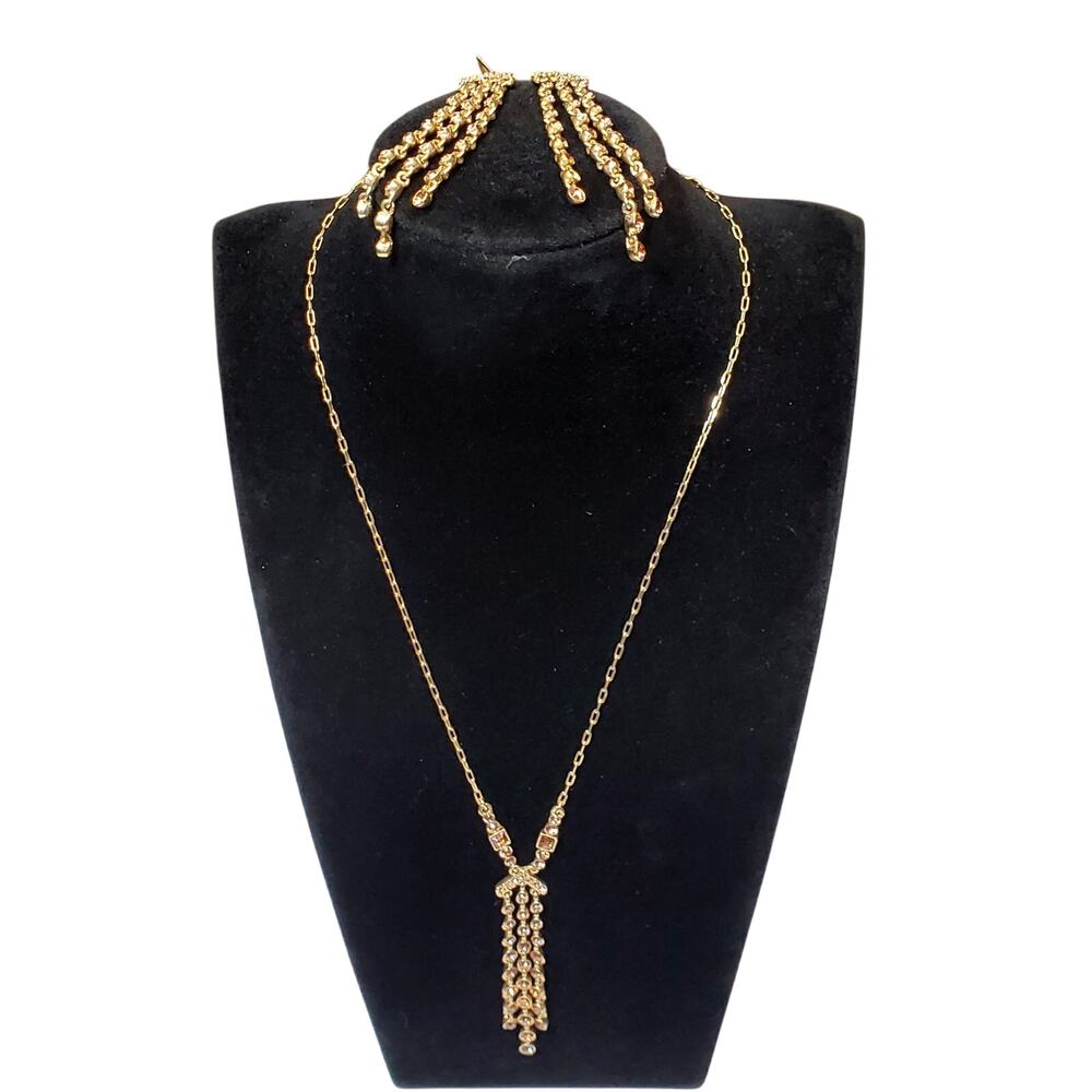 Gold Tone Brown Rhinestone Necklace Earring Set Unsigned 16" Elegant Vtg